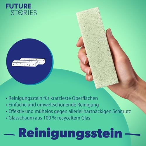 Reinigungsschwamm. Text: Für kratzfeste Oberflächen, einfache Reinigung, gegen hartnäckigen Schmutz, aus recyceltem Glas.