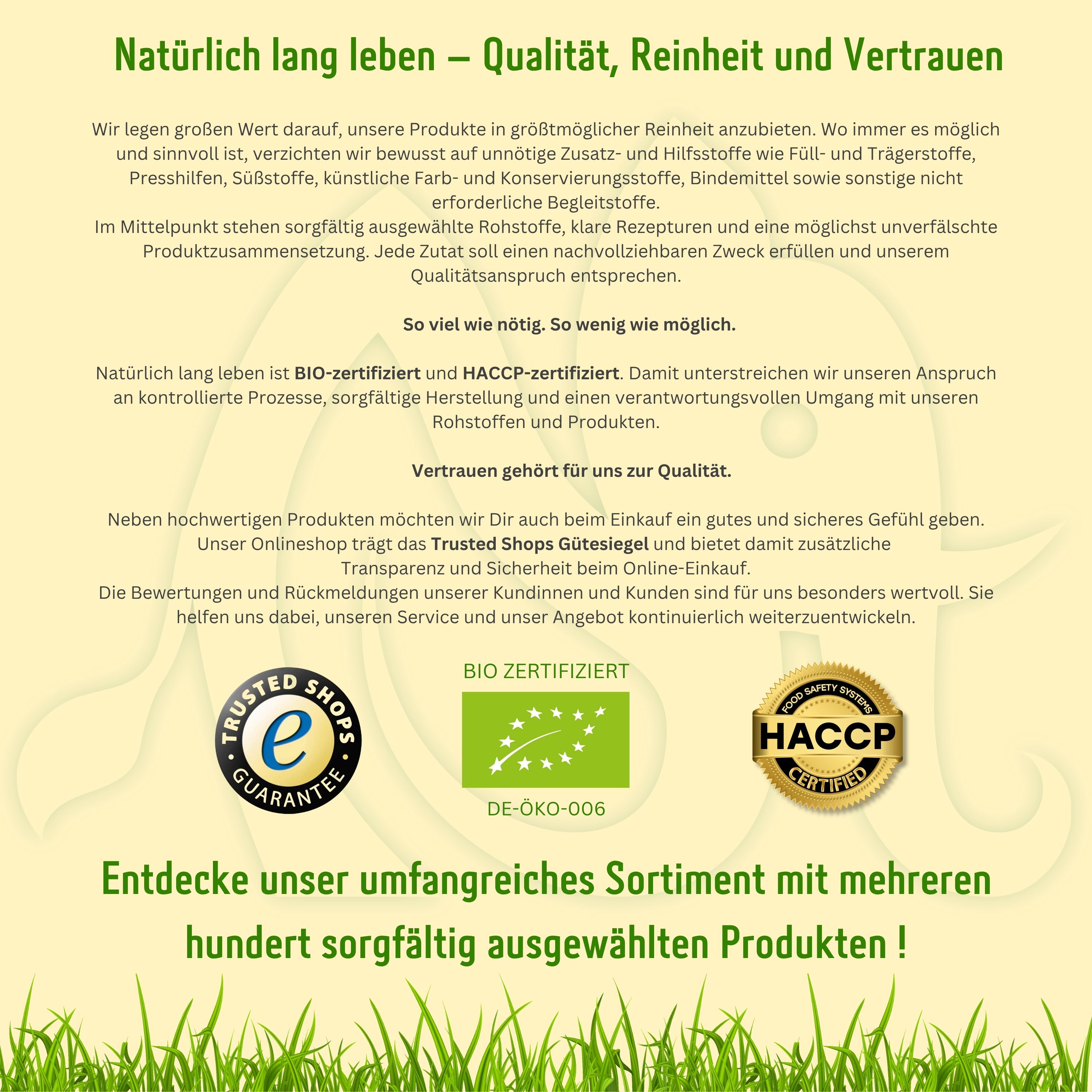 Text über Qualität und Reinheit von "natürlich lang leben" Produkten, mit Siegeln.