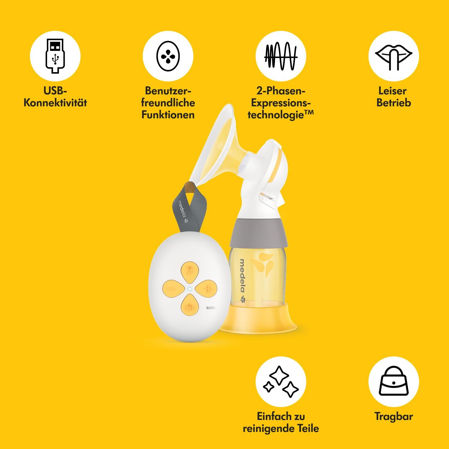 Medela Solo™ Elektrische Milchpumpe. Gelber Hintergrund. Produkt und Icons mit Funktionen.