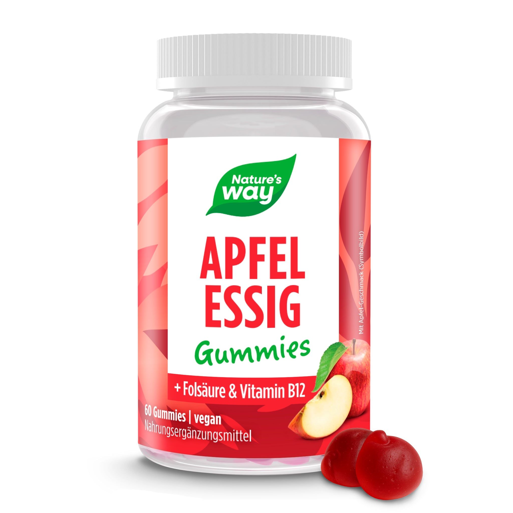 Produktfoto mit Dose Apfelessig Gummies. Zeigt eine Dose mit roten Gummibärchen. Text: Nature's Way Apfelessig Gummies.