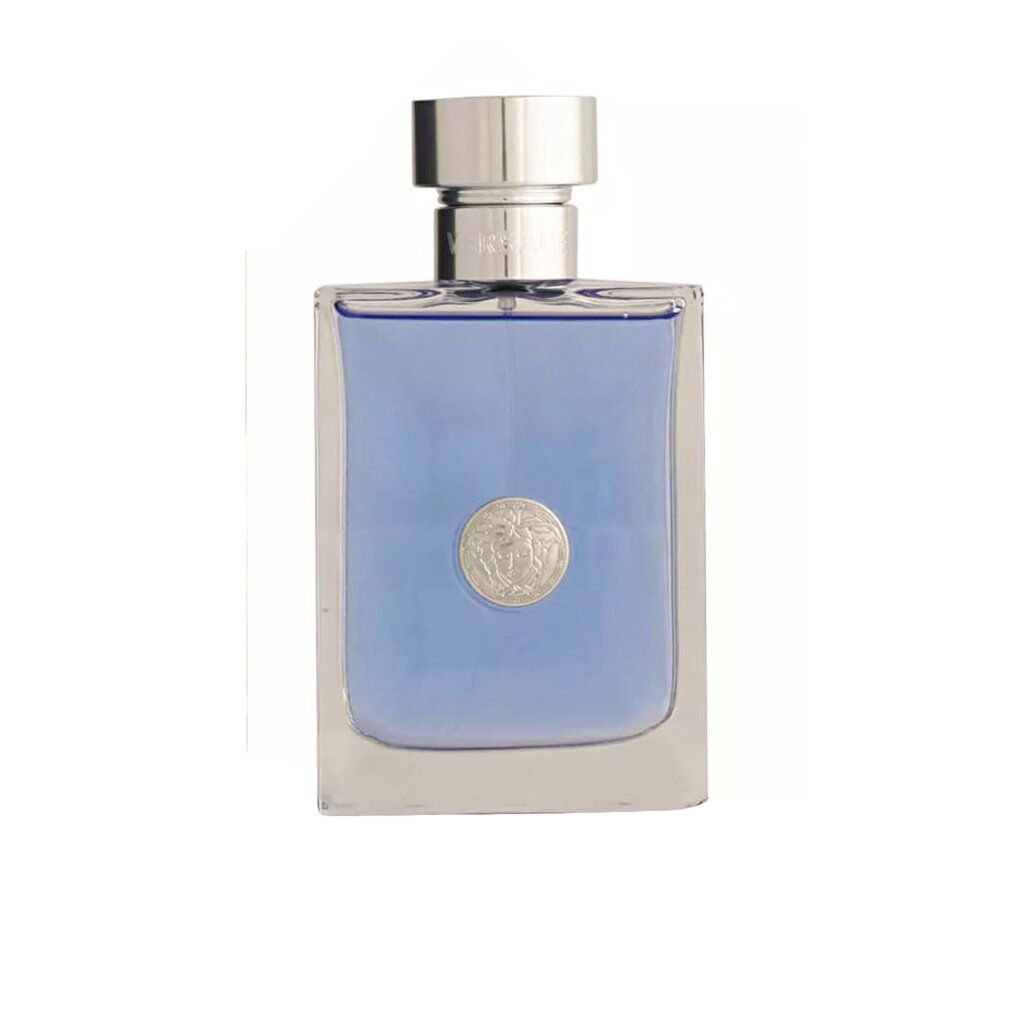 Blauer Flakon mit silbernem Deckel. Aufschrift "VERSACE". Silbernes Medaillon mit Logo. Quadratische Form.