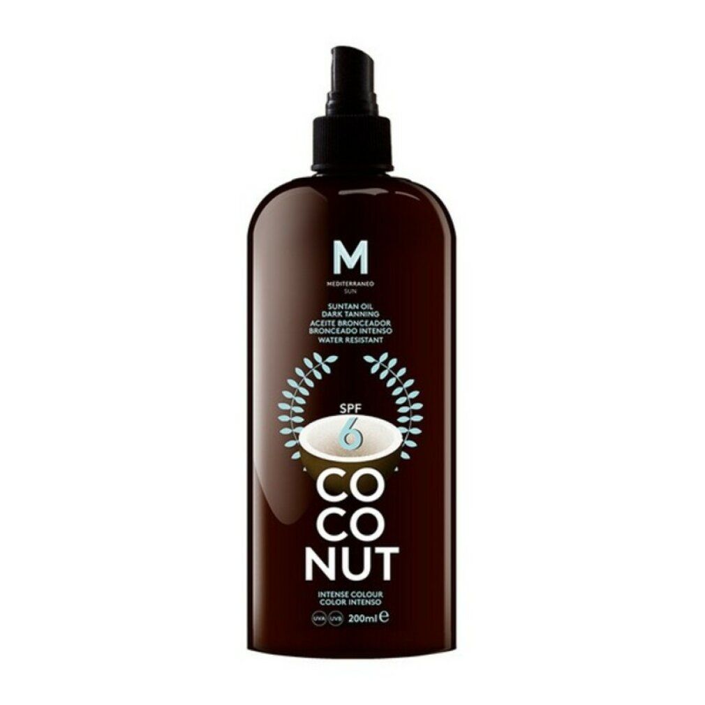 Braune Flasche mit Sprühkopf. Aufschrift: M, Suntan Oil, Coconut, SPF 6. Wasserfest. 200ml.