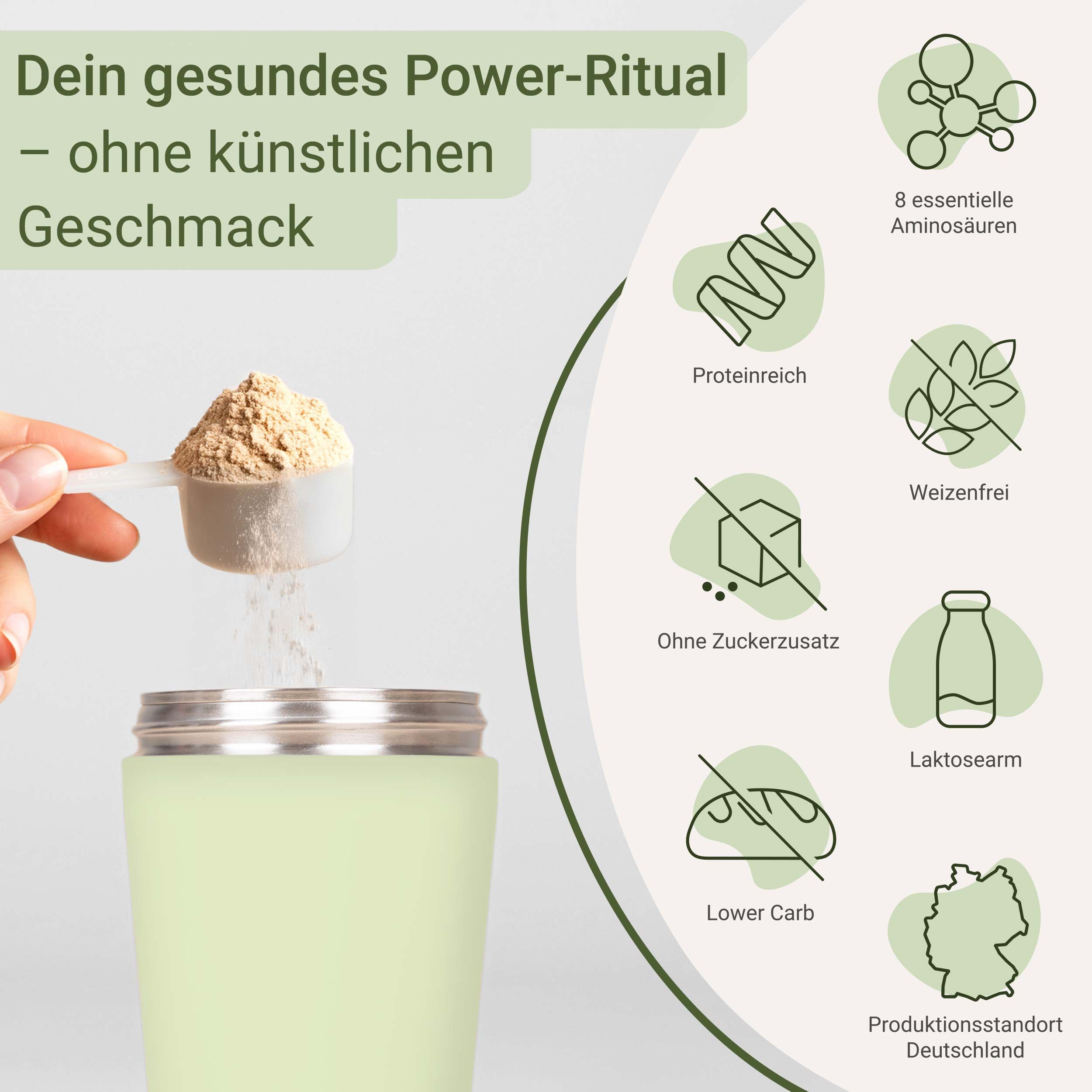 Person hält Messlöffel über Shaker. Text: 'ohne künstlichen Geschmack', 'weizenfrei', 'laktosearm'.