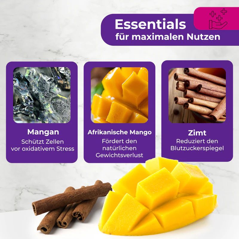 Bilder von Mangan, afrikanischer Mango und Zimt. Text: Essentials für maximalen Nutzen. NutriSolution EH-5.