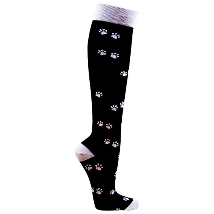 Kniestrümpfe, schwarz mit weißen Pfotenabdrücken. Grauer Bund und Ferse. Kniestrümpfe sind auf weißem Hintergrund abgebildet.