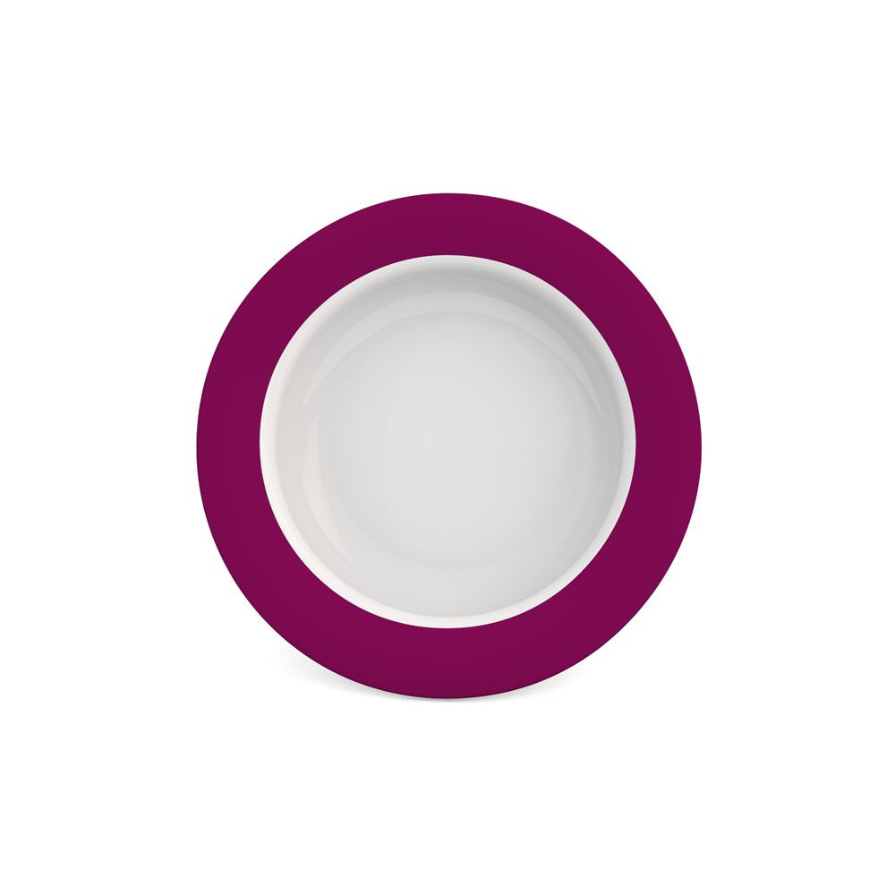 Runde Schale mit breitem, magenta-farbenem Rand und weißem Innenraum. Draufsicht.