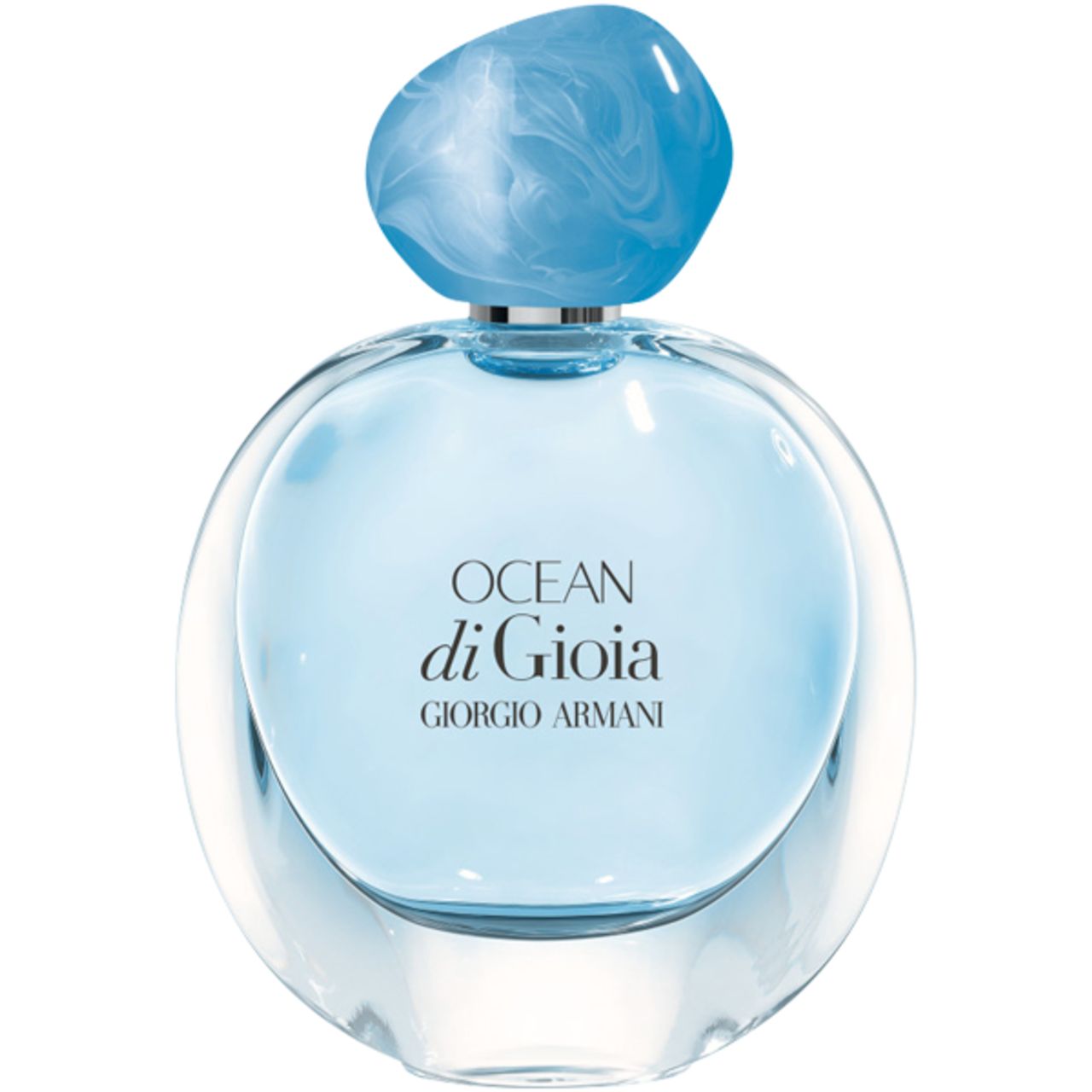 Runder Flakon mit blauem Inhalt und blauem Verschluss. Schriftzug: Ocean di Gioia, Giorgio Armani.