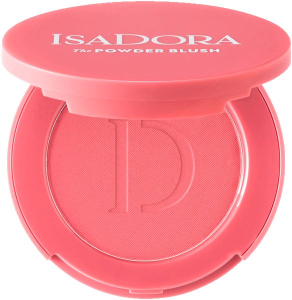 Geöffneter IsaDora Powder Blush in Rosa. Deckel mit Schriftzug IsaDora, The Powder Blush. Innen: rosafarbenes Puder.