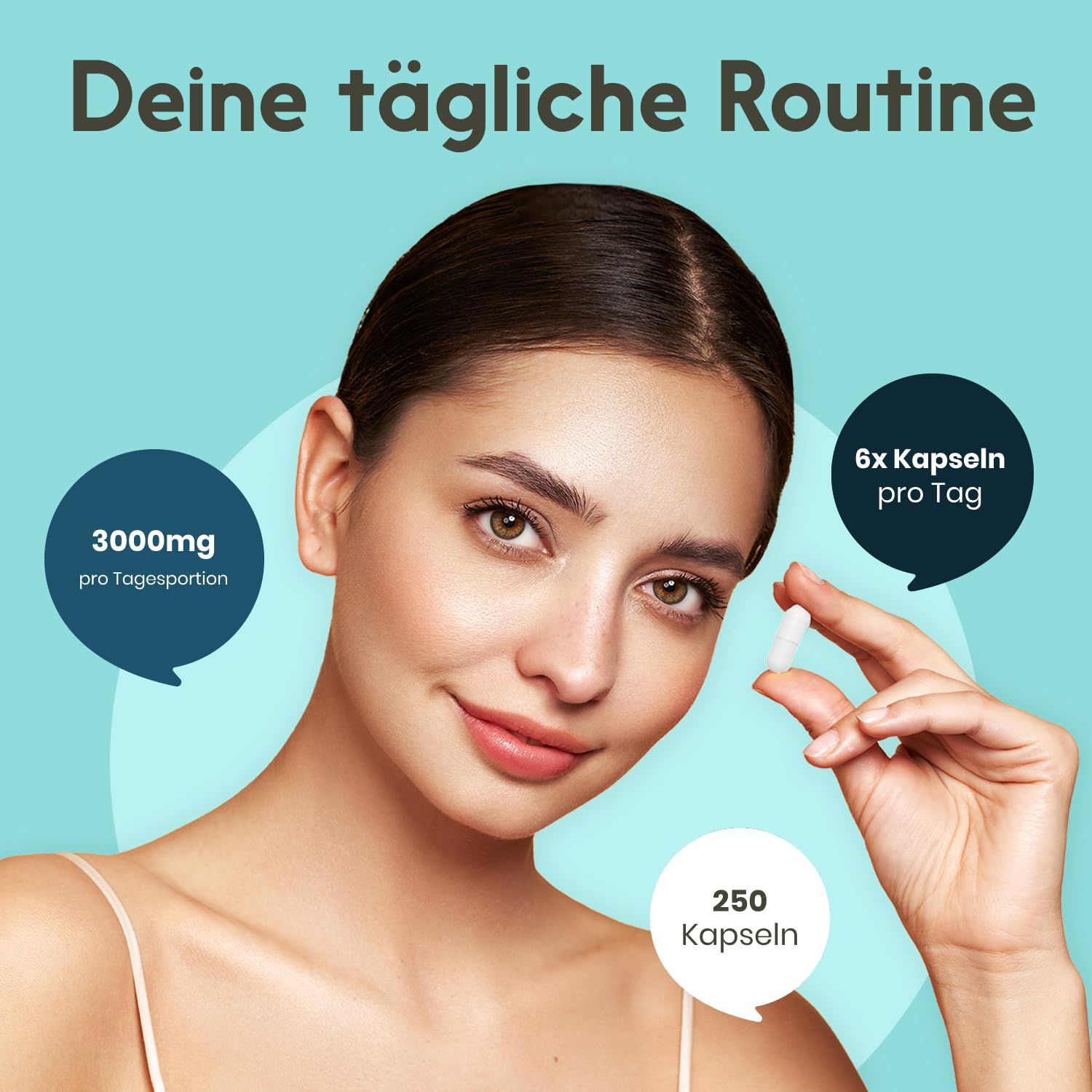 Frau hält Kapsel. Text: 3000mg pro Tagesportion, 6x Kapseln pro Tag, 250 Kapseln.
