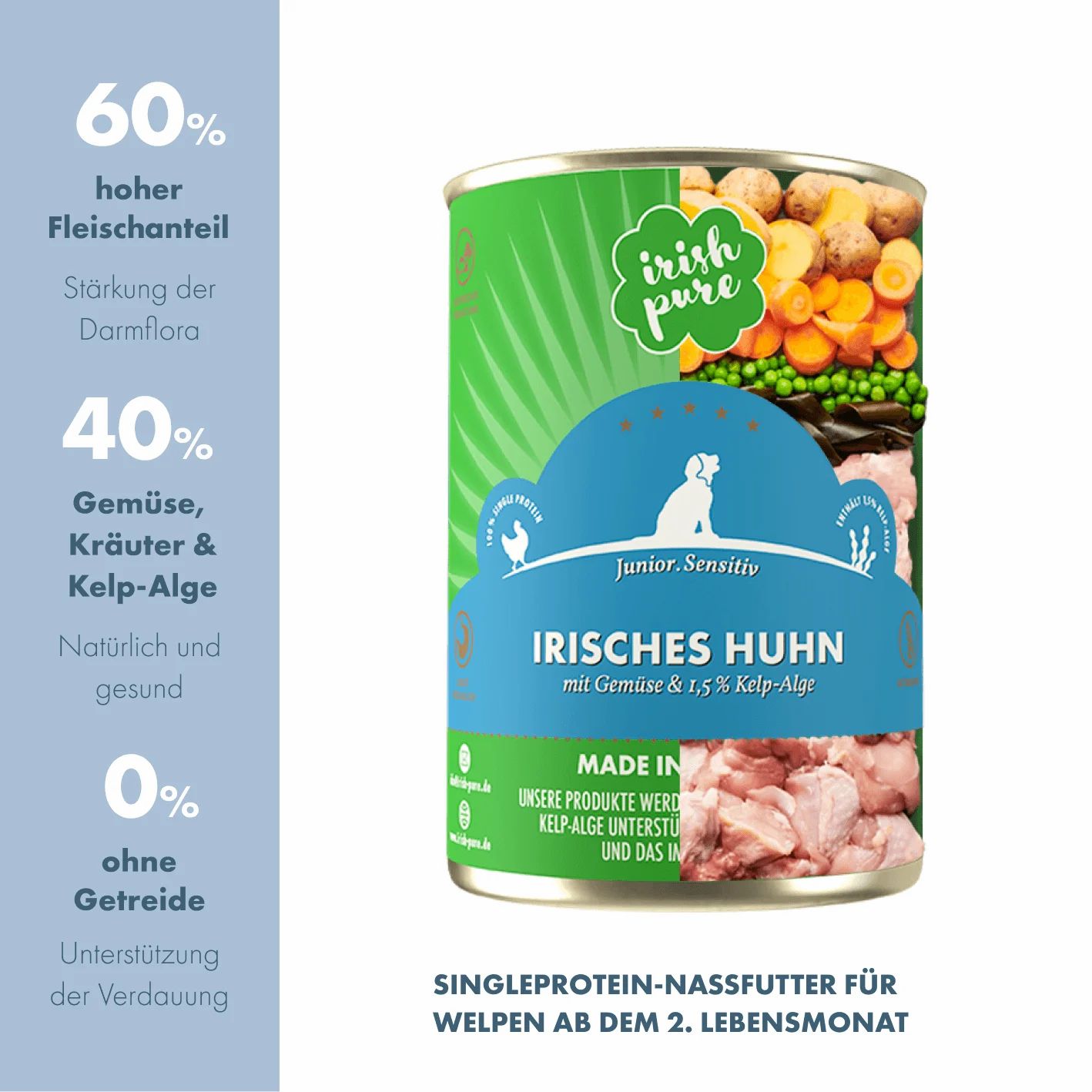 Zusammensetzung von Nassfutter für Hunde mit Huhn, Gemüse und Kelp-Alge.