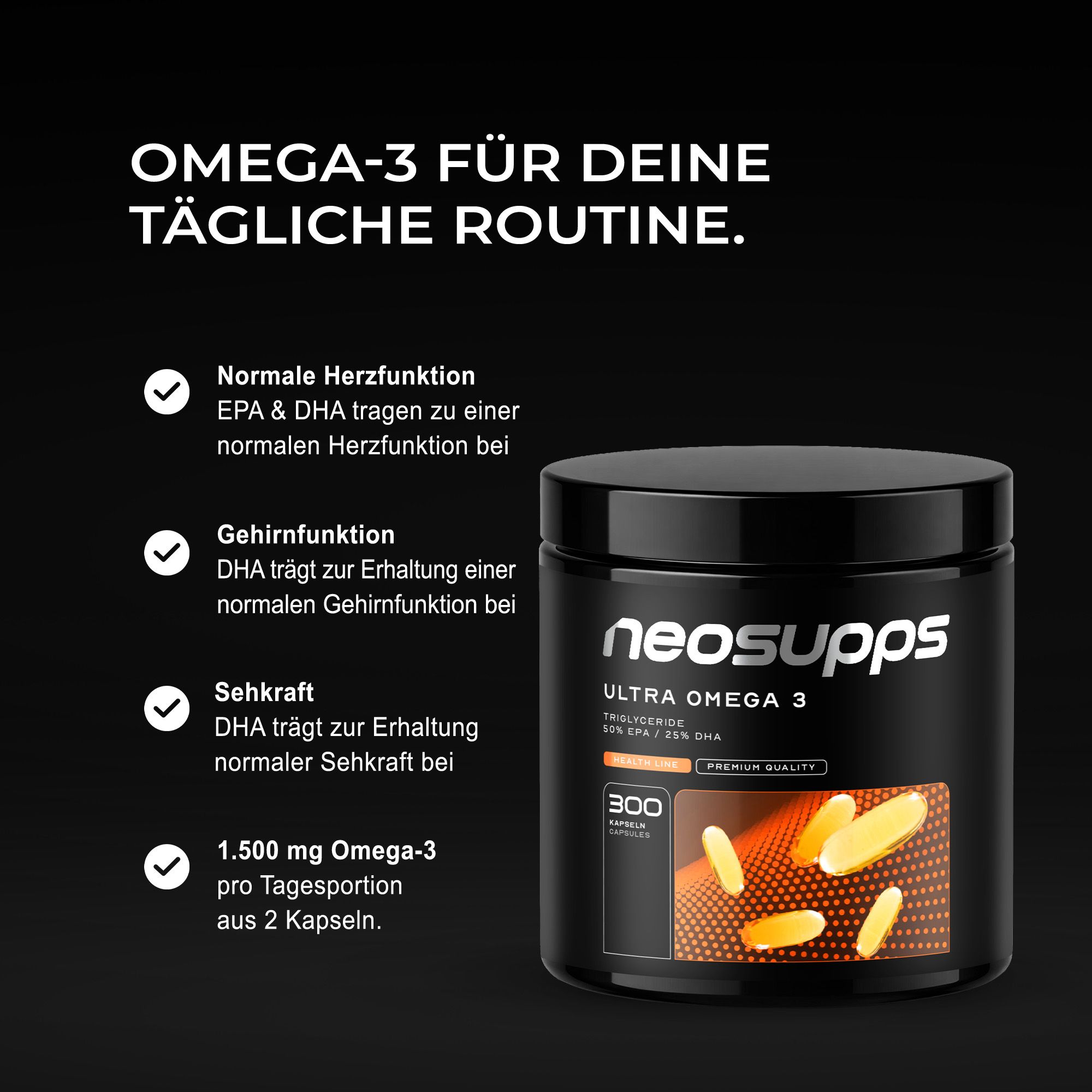 Neosupps Ultra Omega 3 Kapseln, hochdosiert, EPA & DHA, für Herz, Gehirn und Körper