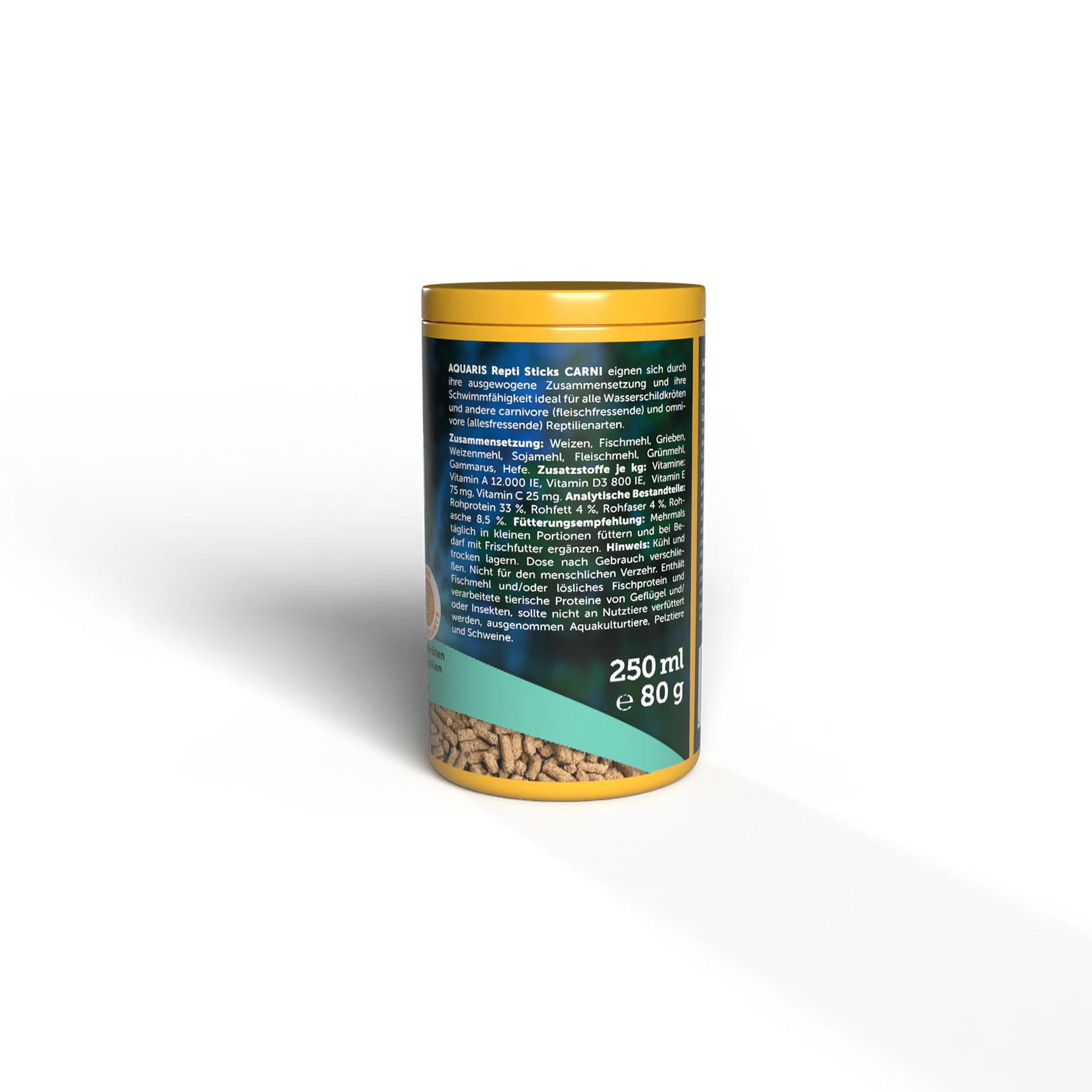 AQUARIS Repti Sticks Dose mit gelbem Deckel. Rückseite mit Text. Angaben zu Inhaltsstoffen und Nährwerten. Volumen: 250ml, Gewicht: 80g.
