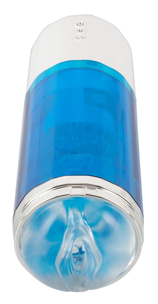 Blau-weißes, zylindrisches Gerät. Silberne Akzente. Sichtbare Innenausstattung. Drei Knöpfe.