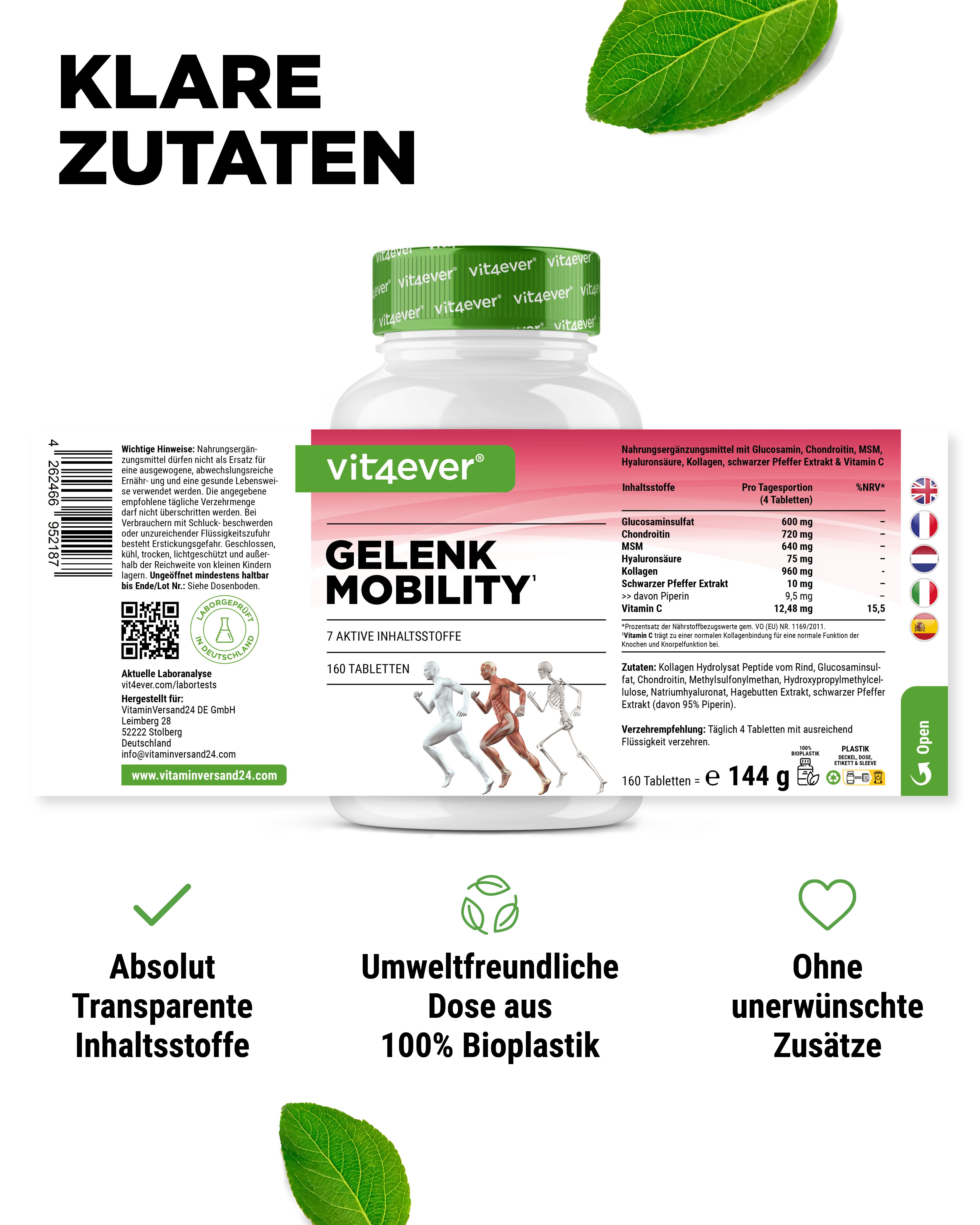 Flasche vit4ever Gelenk Mobility, 160 Tabletten. Text: Klare Zutaten. Symbole: transparente Inhaltsstoffe, 100% Bioplastik, ohne Zusätze.