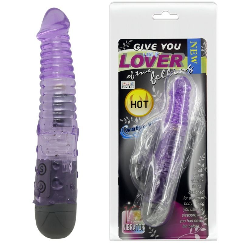 Lila Vibrator mit geriffelter Oberfläche und Knöpfen. Verpackt in Blisterverpackung mit Produktnamen und Werbetext.