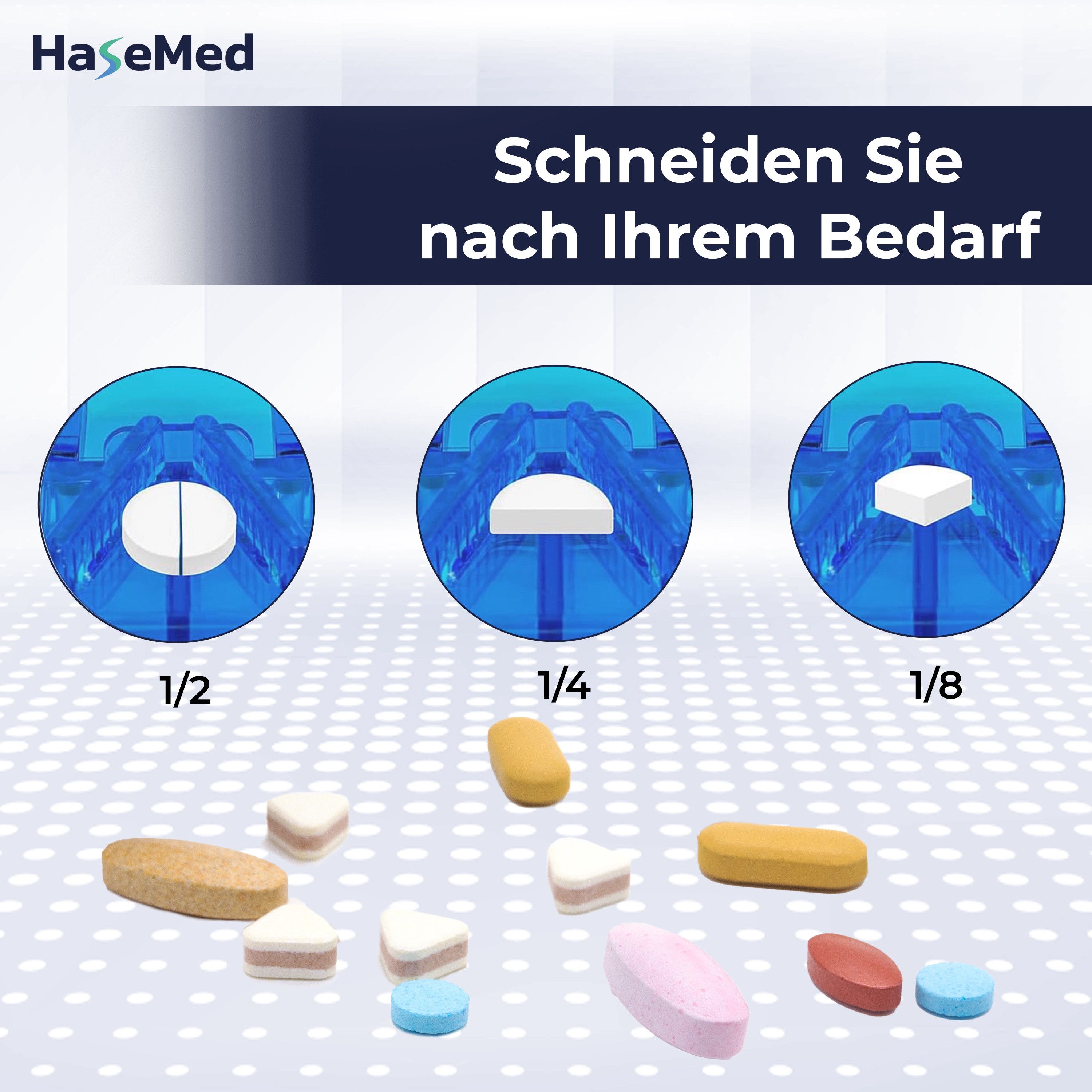 Blauer Tablettenteiler mit Klinge und Tablettenfach. Tabletten in 1/2, 1/4, 1/8 geteilt.