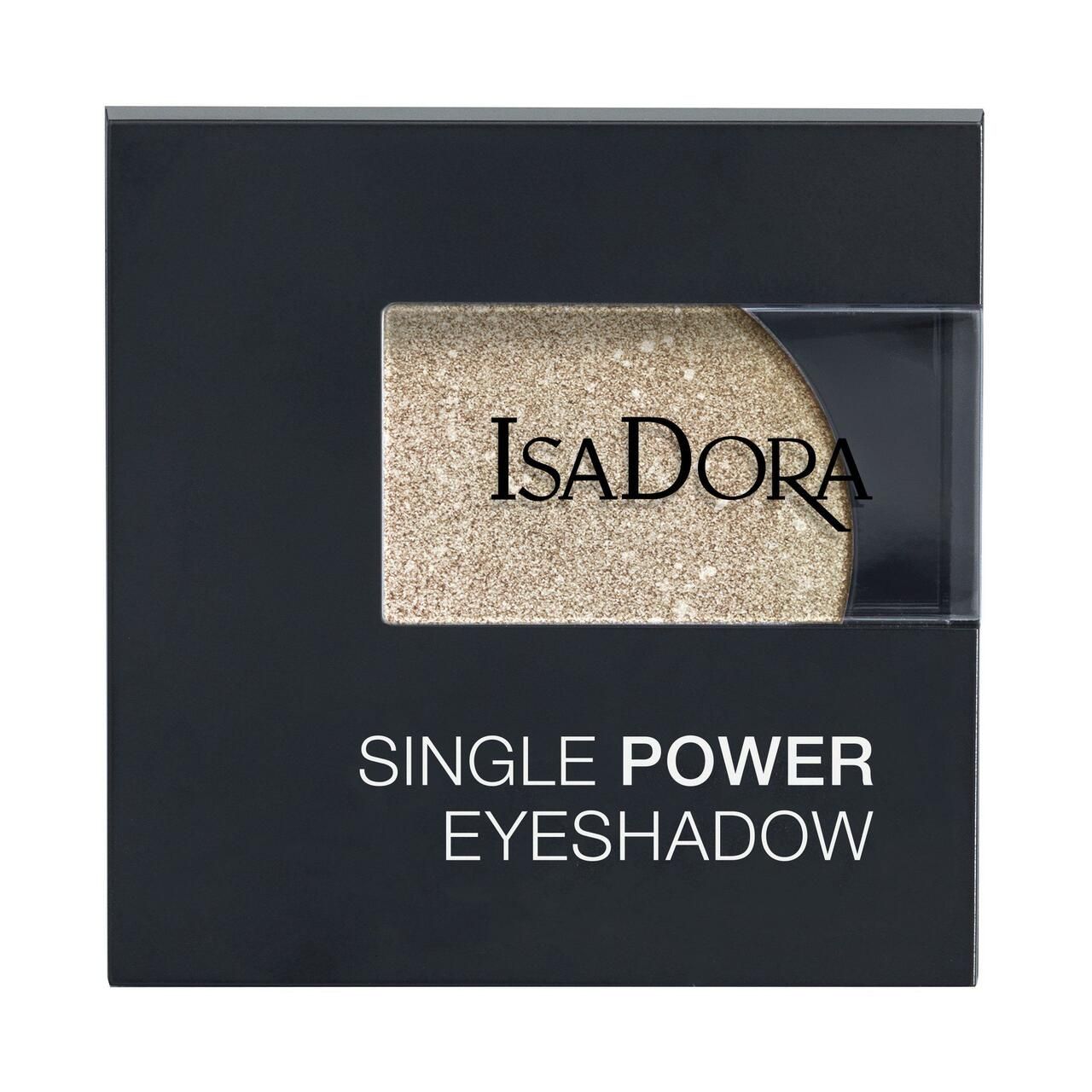 Schwarze quadratische Verpackung. Goldfarbener Lidschatten in einer Ecke. Text: "IsaDora", "Single Power Eyeshadow".