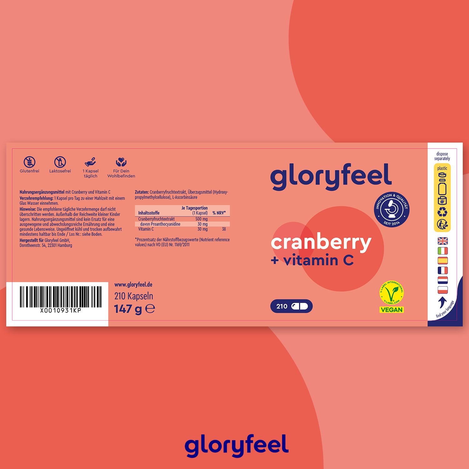 gloryfeel® Cranberry Extrakt + Vitamin C Kapseln 210 St