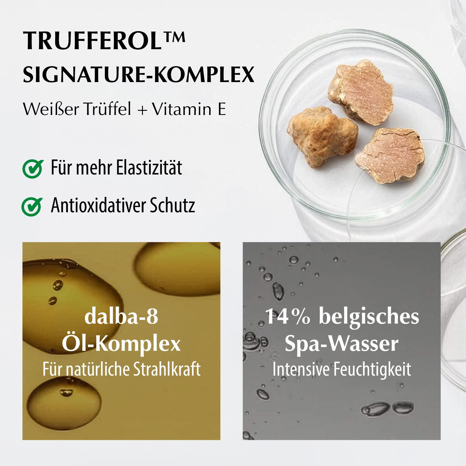 Inhaltsstoffe: Weißer Trüffel, Vitamin E. Trüffel in Schale. Text: dalba-8 Öl-Komplex, 14% belgisches Spa-Wasser.