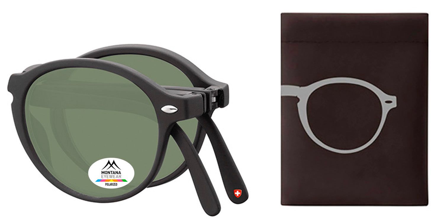 Faltbare Sonnenbrille, schwarz, mit grünen Gläsern, neben einem braunen Etui. Schweizer Kreuz auf dem Bügel.