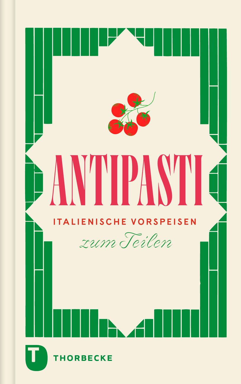 Buchcover mit rotem Schriftzug "Antipasti". Darunter "Italienische Vorspeisen" und "zum Teilen". Oben Tomaten.