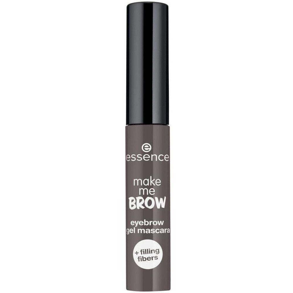 Augenbrauengel-Mascara. Flasche mit schwarzem Deckel. Produktname und Marke: Essence Make Me Brow. Text: + filling fibers.