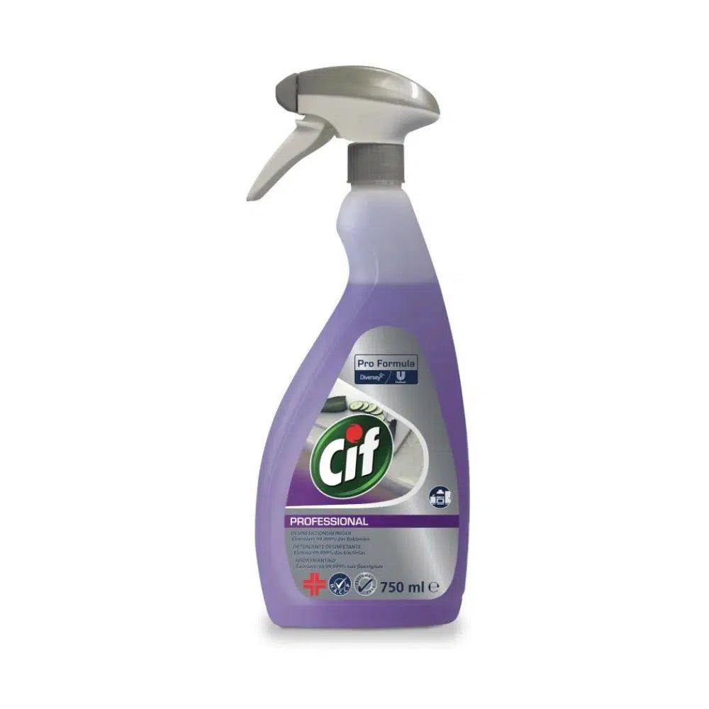 Flasche mit Sprühkopf. Lila Flüssigkeit. Cif Professional Desinfektionsreiniger 2in1. 750 ml.