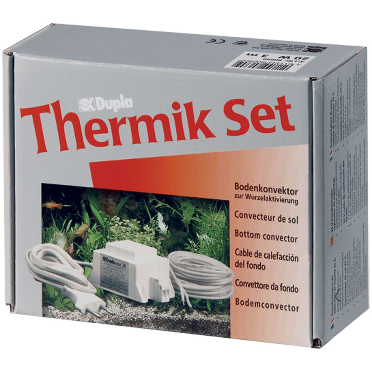 Verpackung mit "Dupla Thermik Set". Enthält Bodenkonvektor, Kabel und Stecker. Text in Deutsch, Französisch, Englisch, Spanisch und Italienisch.