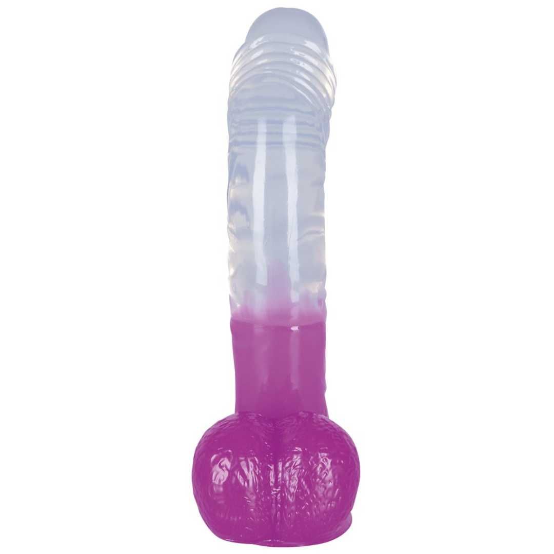 Transparenter Dildo mit pinkfarbenem Unterteil. Eichel, Äderung und Hoden.