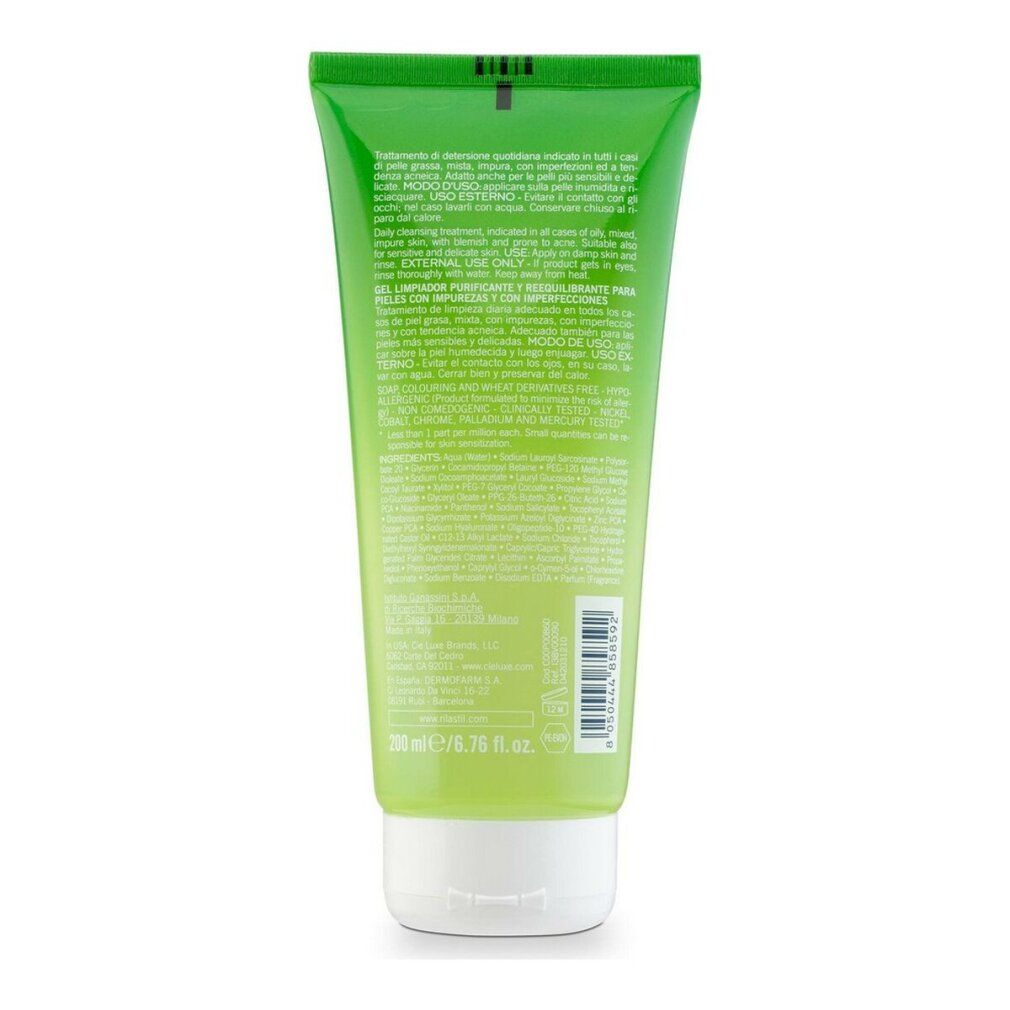 Rückseite der grünen Tube RILASTIL Acnestil. Text: Gel detergente, Cleansing Gel. Gebrauchsanweisung.