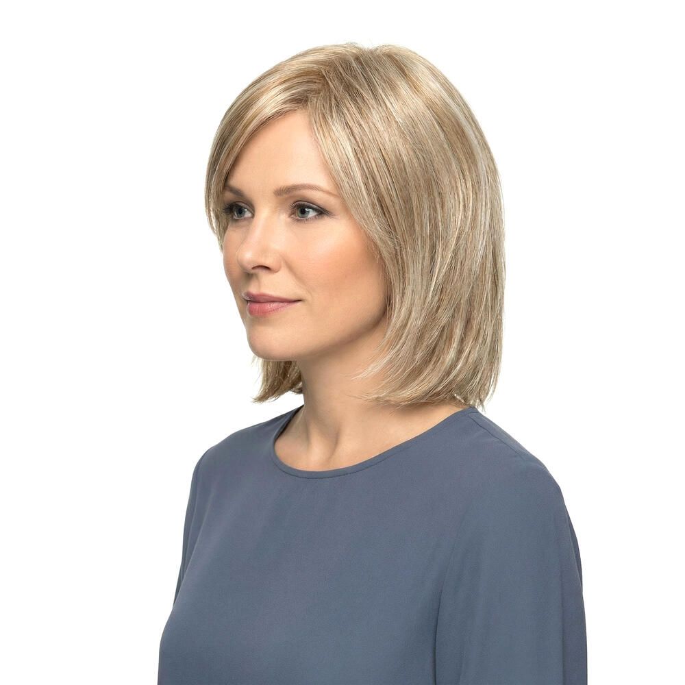 Blonde Perücke, Frau, Seitenansicht, mittellang.