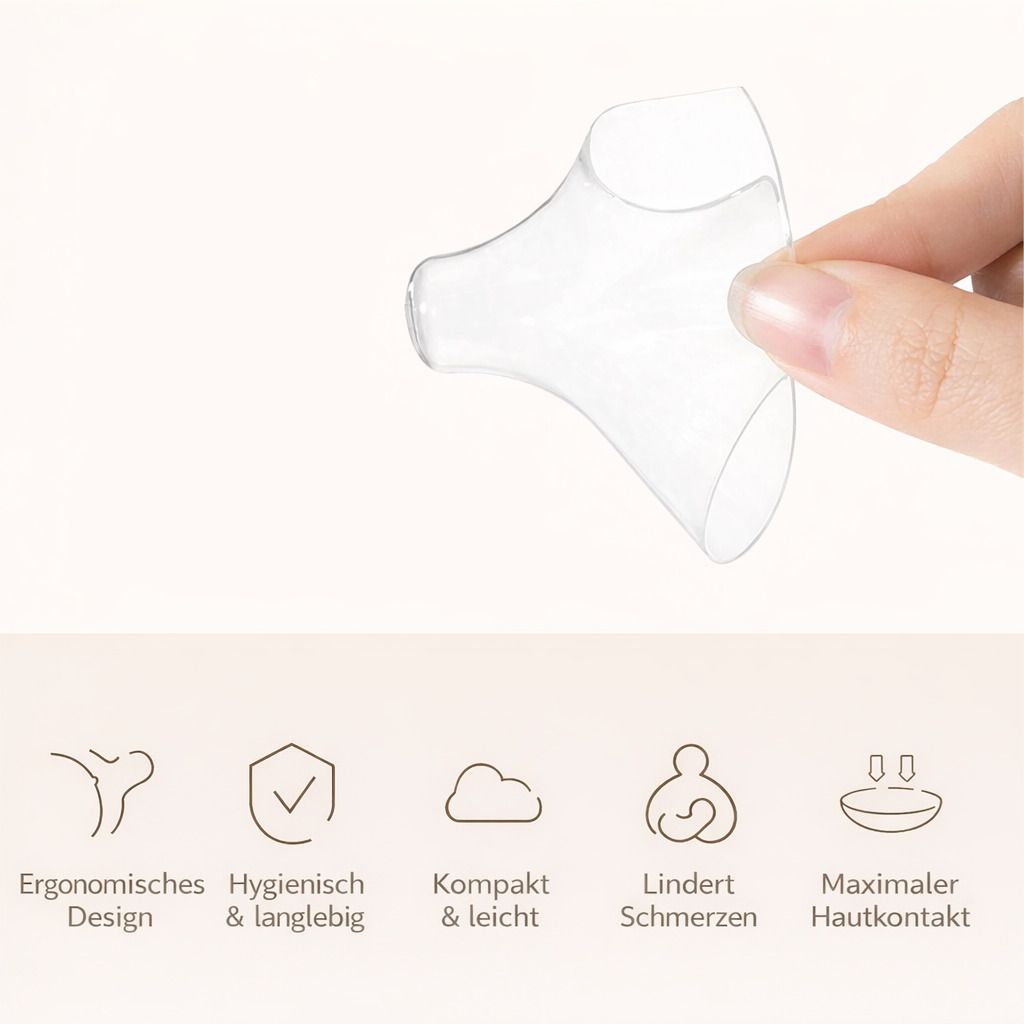 Stillhütchen, Text und Symbole: Ergonomisches Design, Hygienisch & langlebig, Kompakt & leicht, Lindert Schmerzen, Maximaler Hautkontakt.