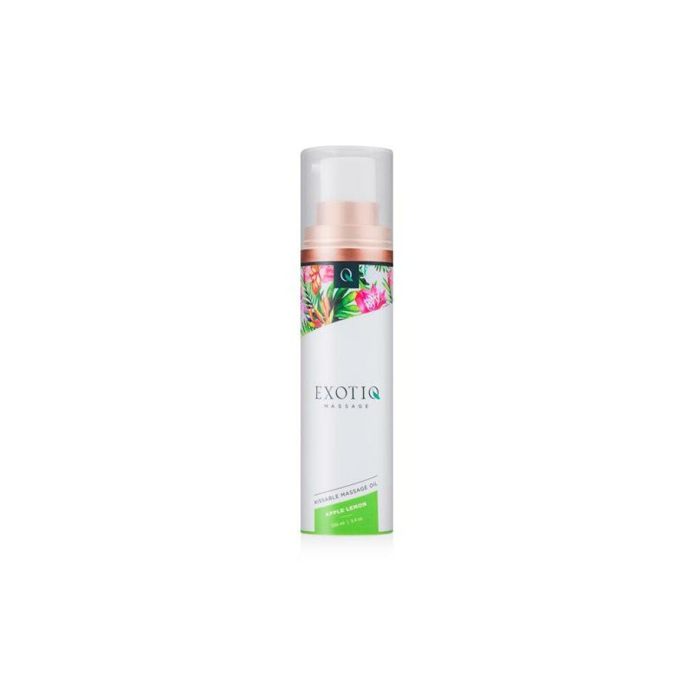Massageolie fles, wit, bloemenprint, transparante dop. Opschrift: Exotiq Massage, Apple Lemon.