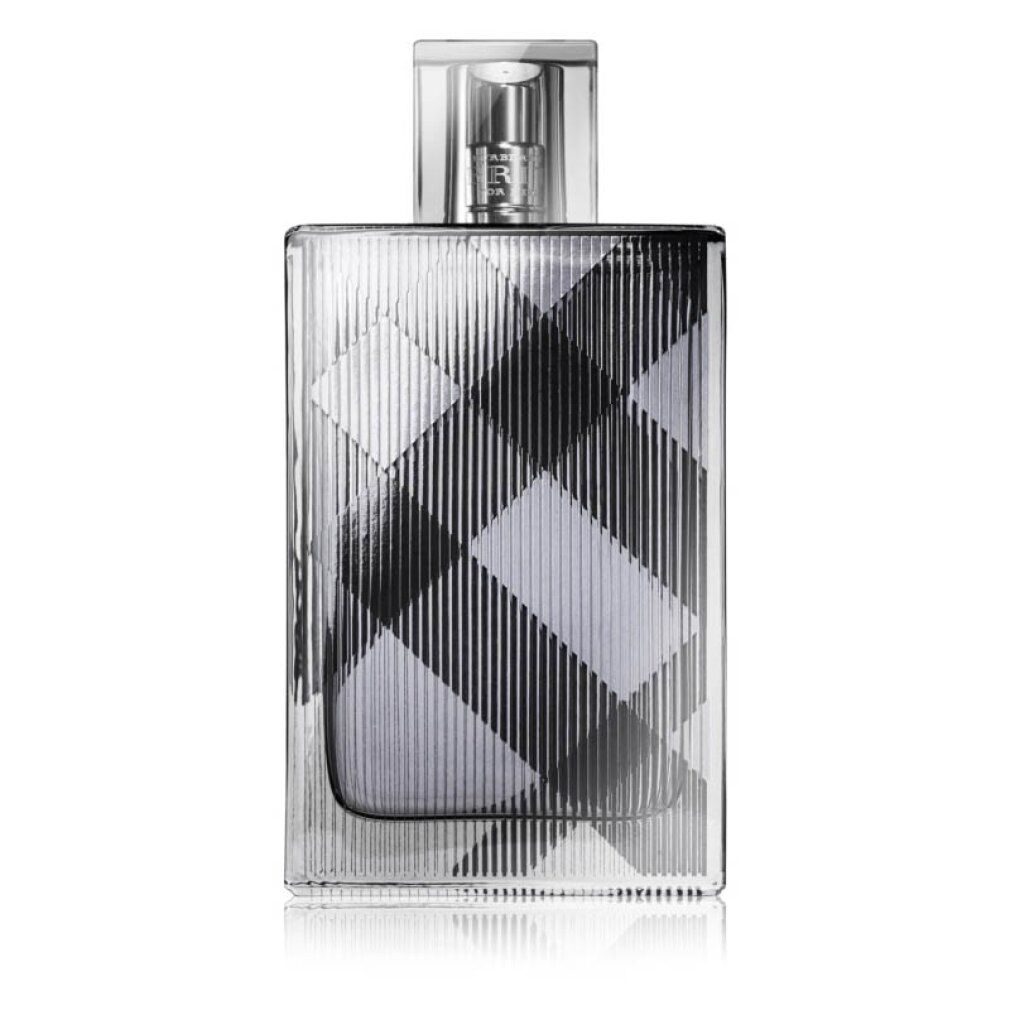 Burberry Brit for Men Eau de Toilette Spray. Quadratischer Flakon mit Karomuster. Silberner Zerstäuber.
