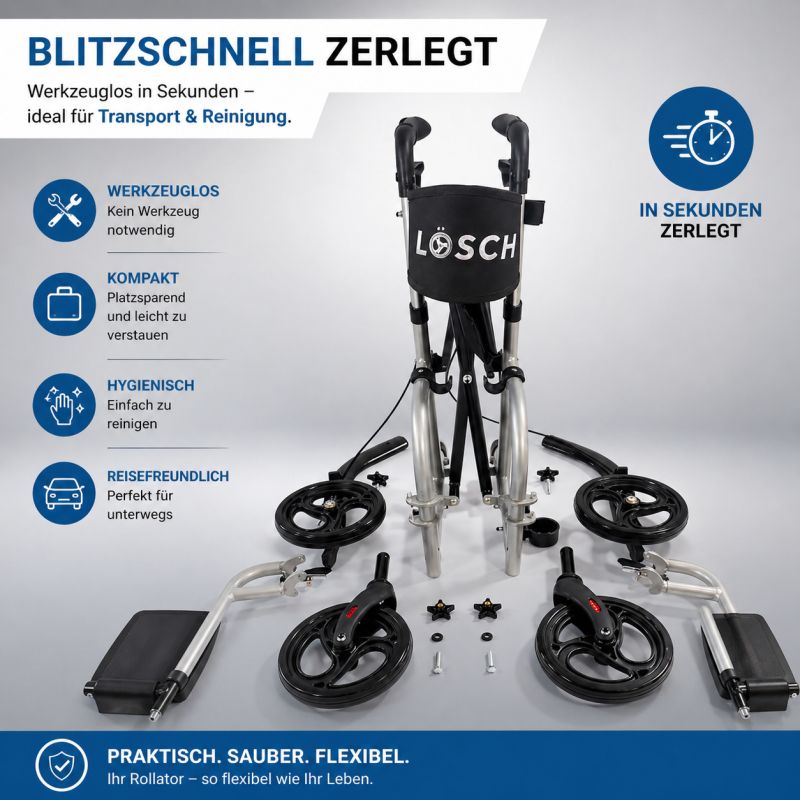 Rollator & Rollstuhl Twin. Werkzeuglos zerlegt. Kompakt, hygienisch, reisefreundlich. Einzelteile: Räder, Fußstützen, Schrauben, Tasche.