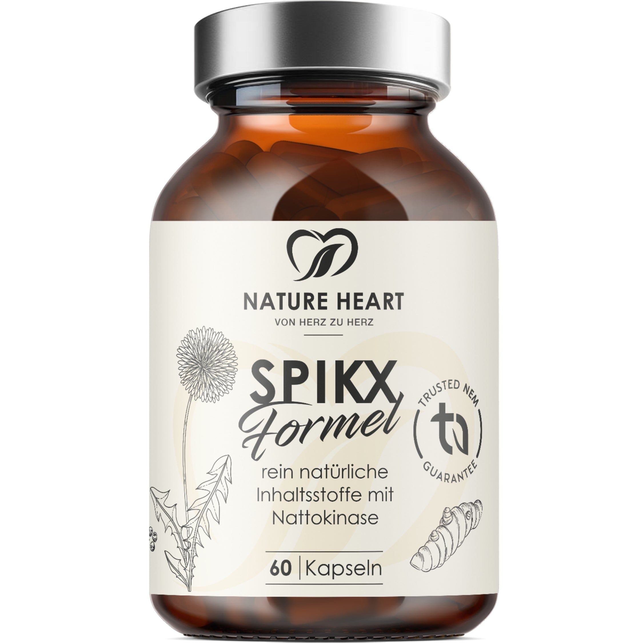 Nature Heart SpikX Formel Kapseln in Braunglasflasche mit silbernem Deckel. Enthält 60 Kapseln.