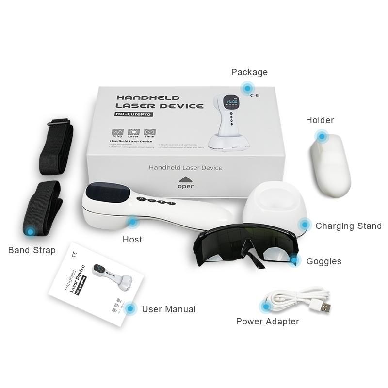 Verpackung mit Gerät, Zubehör: Halterung, Ladestation, Brille, Band, Netzteil, Handbuch.