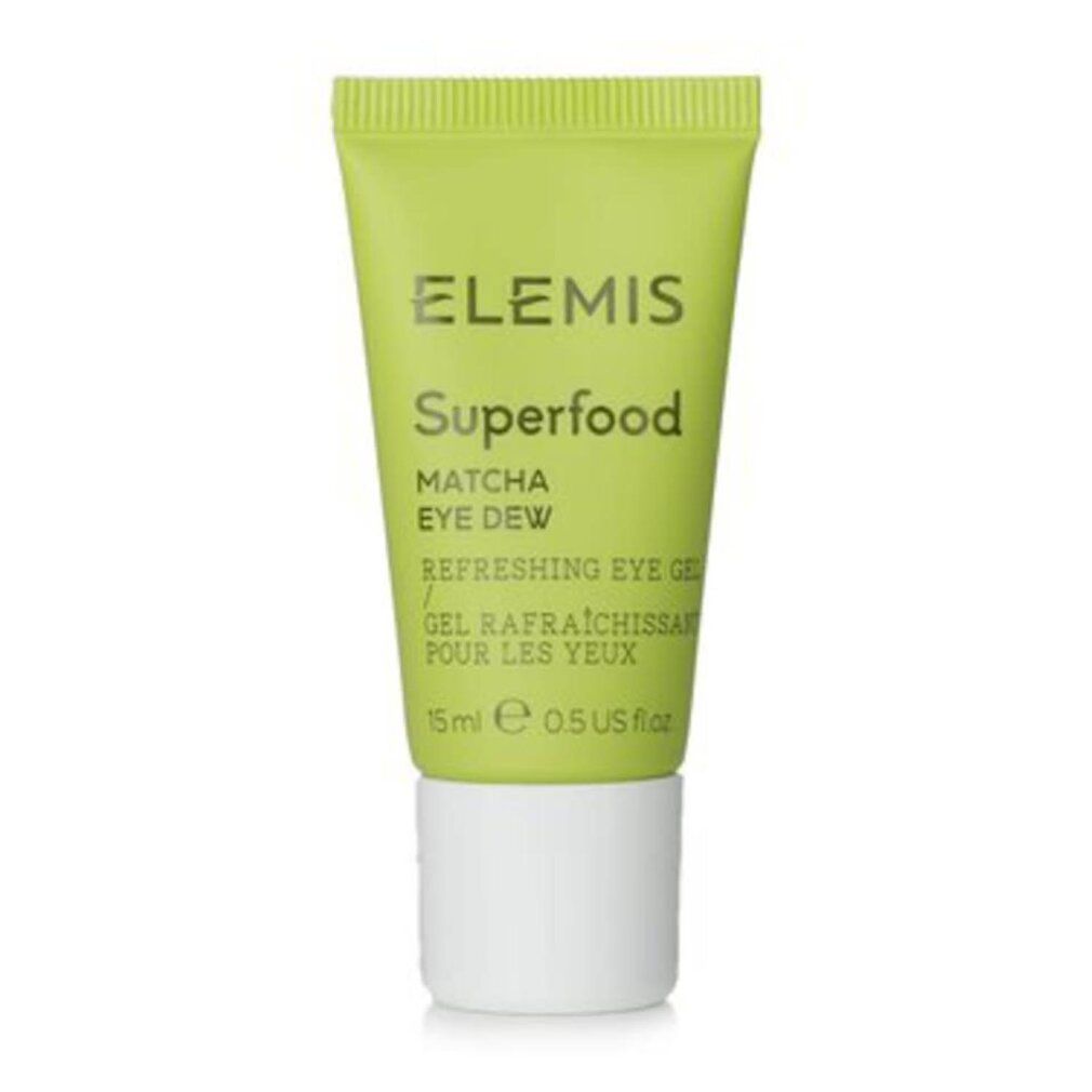 Grüne Tube mit weißem Deckel. Aufschrift: Elemis Superfood Matcha Eye Dew, Refreshing Eye Gel. Volumen: 15ml.