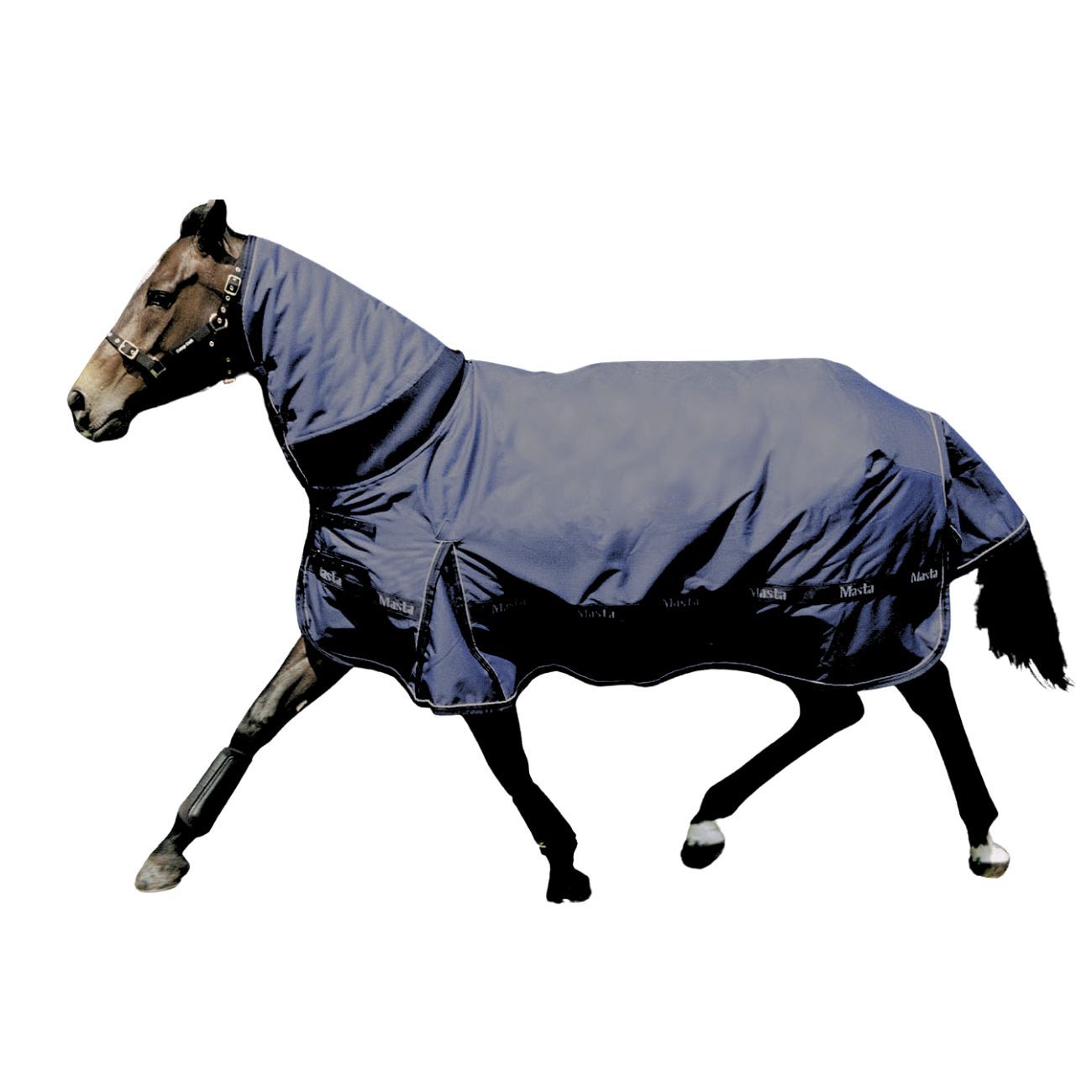Pferdedecke Flexi Neck, dunkelblau, mit Hals. Logo am Rand. Auf einem Pferd getragen.