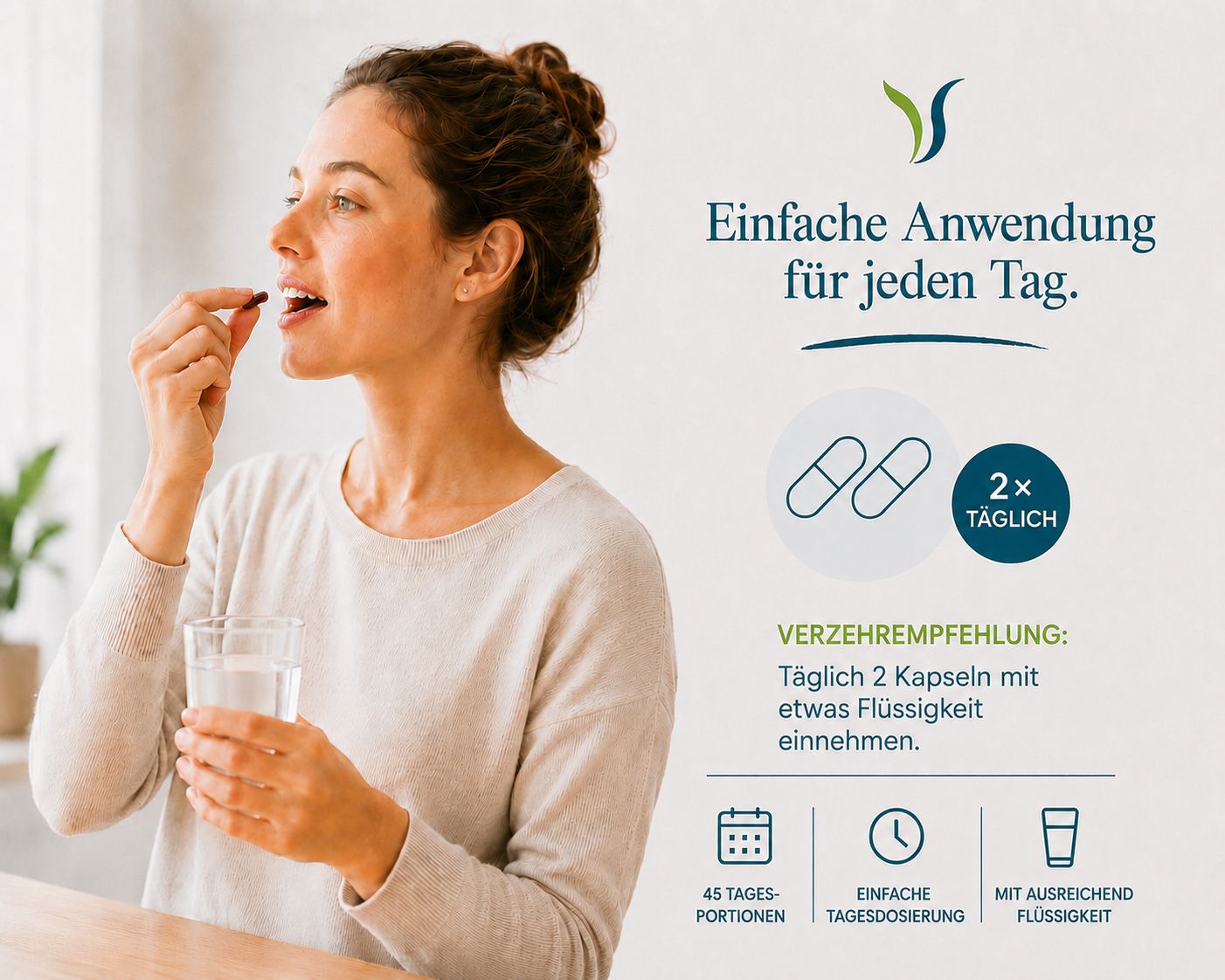 Frau nimmt eine Kapsel mit einem Glas Wasser ein.