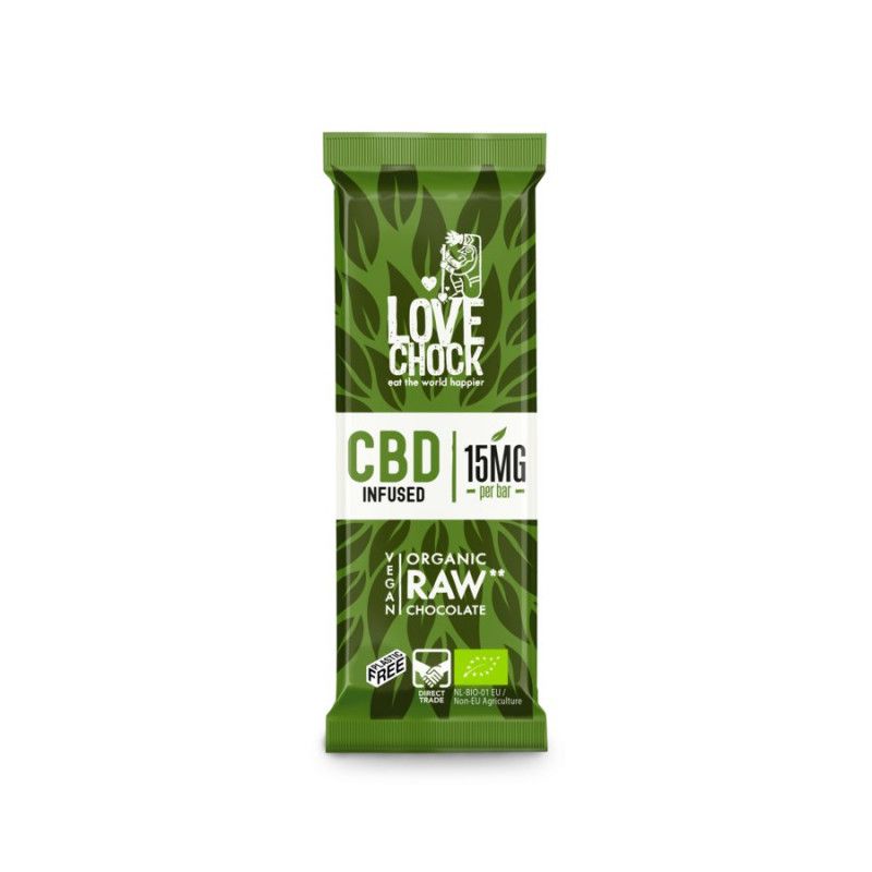 Grüne Verpackung mit Logo und Text. Enthält CBD. Aufschrift: 15MG pro Riegel. Vegan, Bio-Rohschokolade.