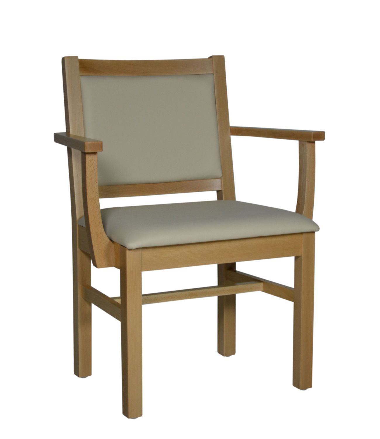 Stuhl mit Armlehnen, Holzrahmen, gepolsterte Sitzfläche und Rückenlehne in Beige. Rechteckige Form, stabiles Design.