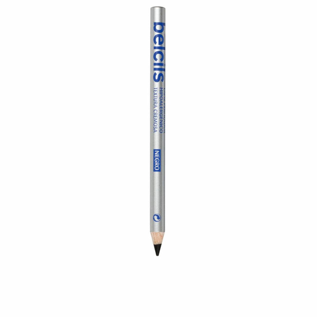 Ein einzelner Bleistift, silberfarben mit blauer Schrift. Aufschrift: Belcils. Schwarze Mine. Auf weißem Hintergrund.