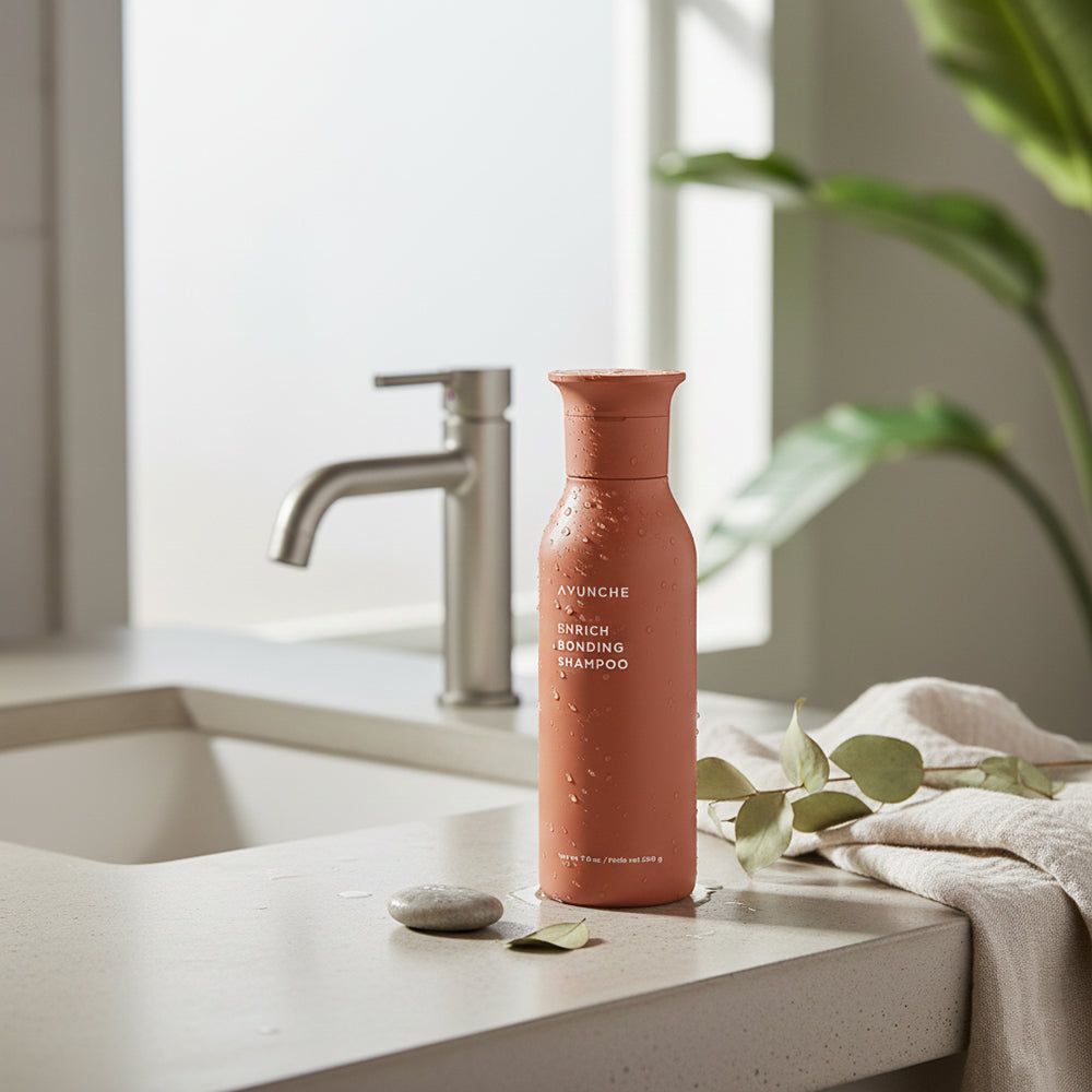 AYUNCHE Enrich Bonding Reparatur-Shampoo in einem terrakottafarbenen Flakon mit Pumpspender, auf einem Waschbecken.