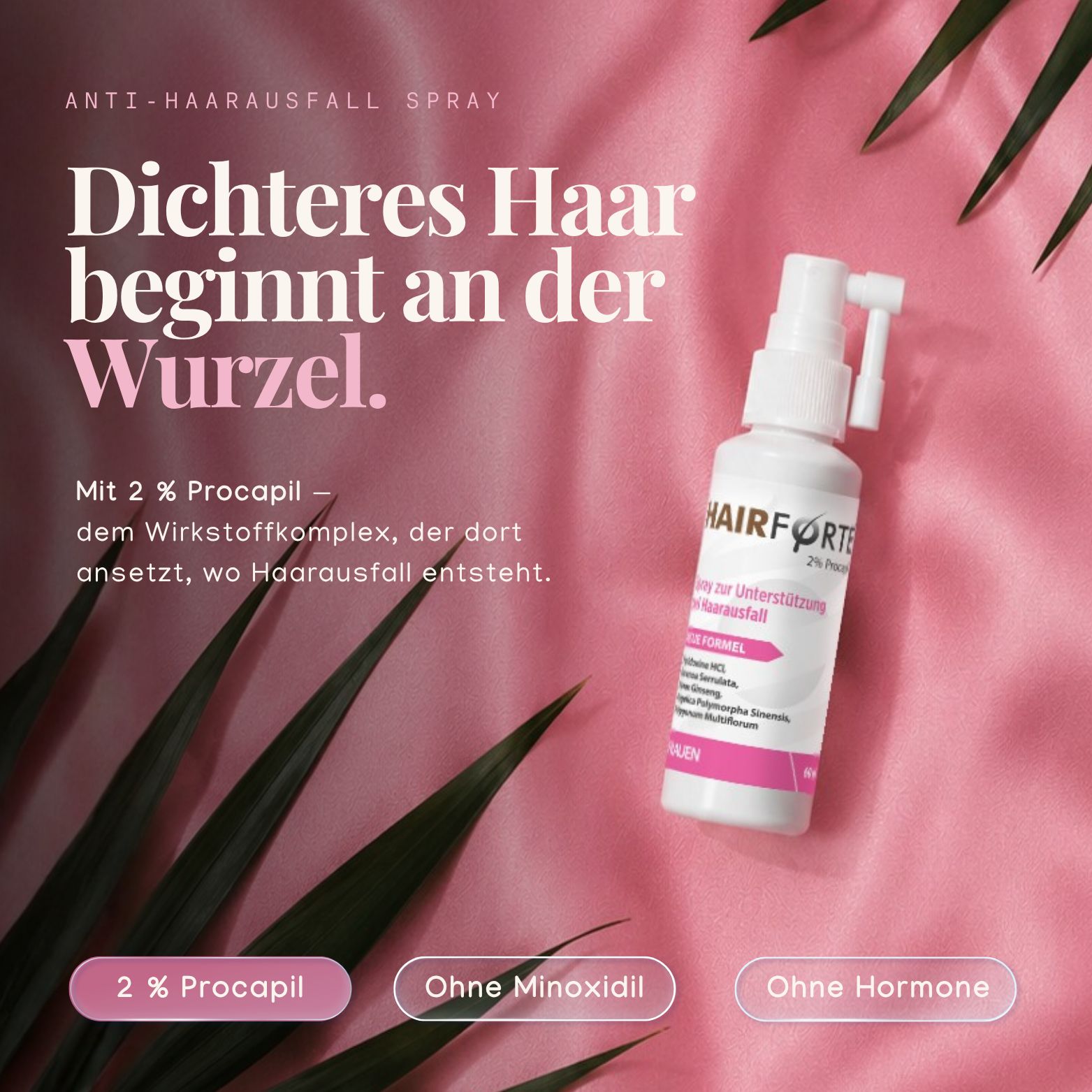 Hairforte Spray 2% Procapil auf rosa Hintergrund mit Palmblättern.