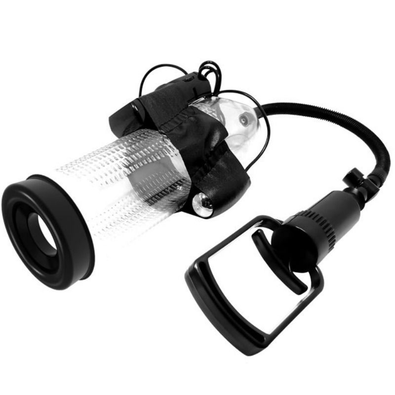 Penispumpe mit Vibrationsmodul. Transparenter Zylinder, schwarzer Griff und Schlauch. Vibrationsmodul am Zylinder befestigt.