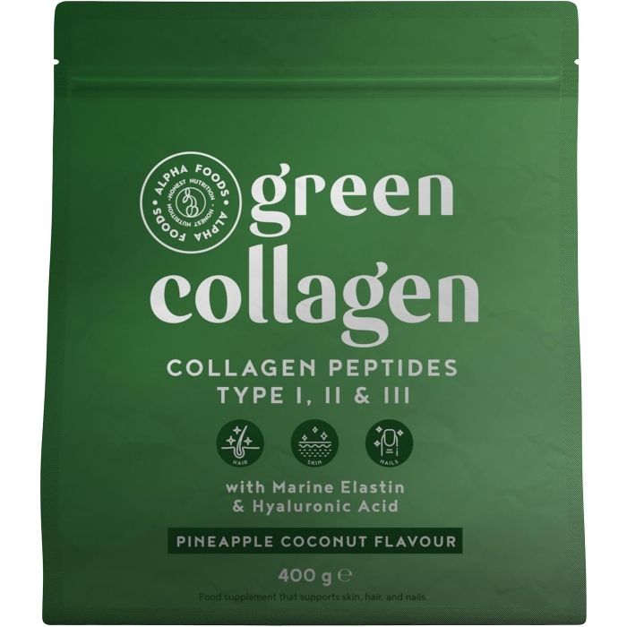 Grüne Verpackung mit "green collagen" Schriftzug. Enthält Kollagenpeptide Typ I, II & III, Marine Elastin, Hyaluronsäure. Ananas-Kokos-Geschmack.