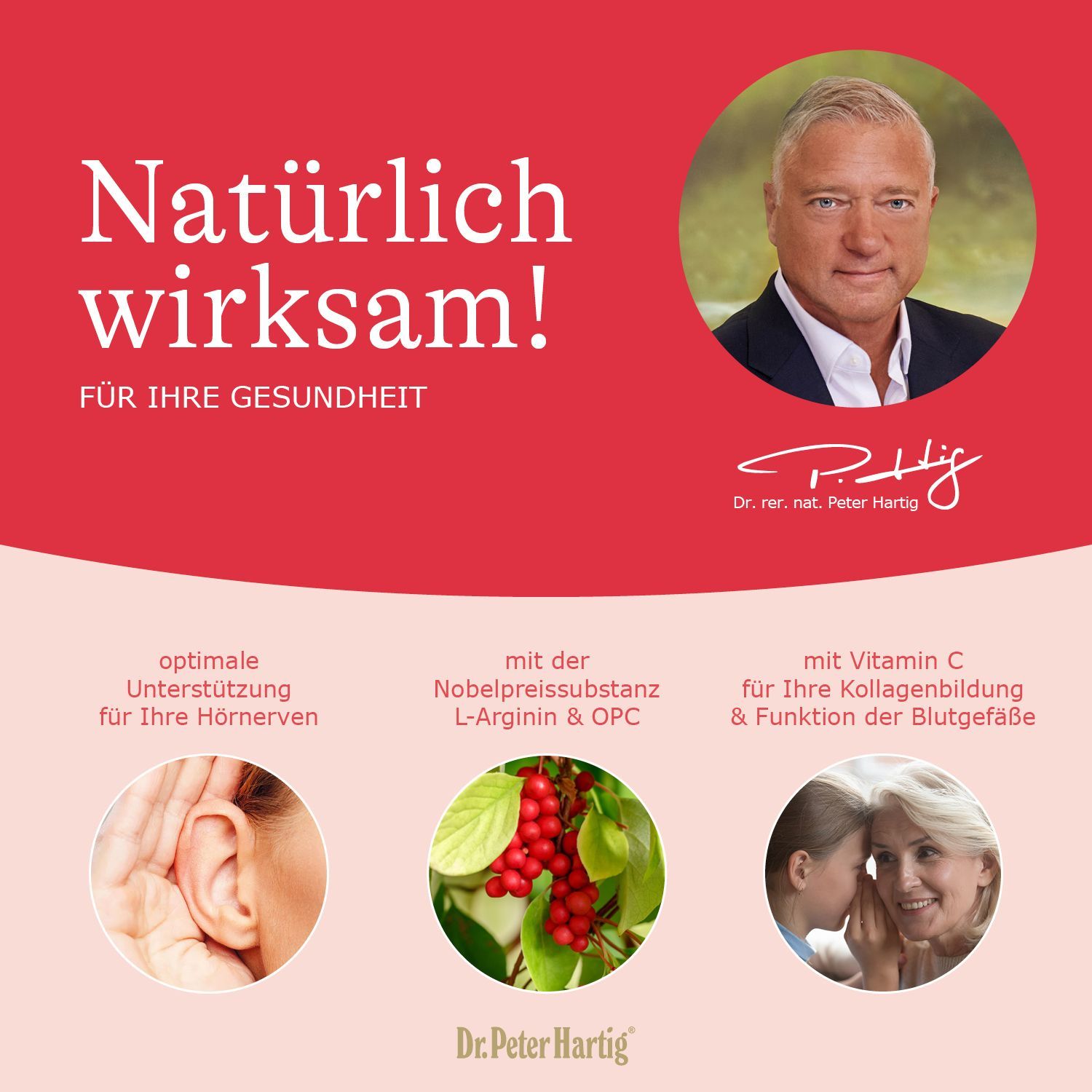 Roter Hintergrund mit Text und einem Porträt eines Mannes. Illustrationen von Ohr, Beeren und zwei Frauen.