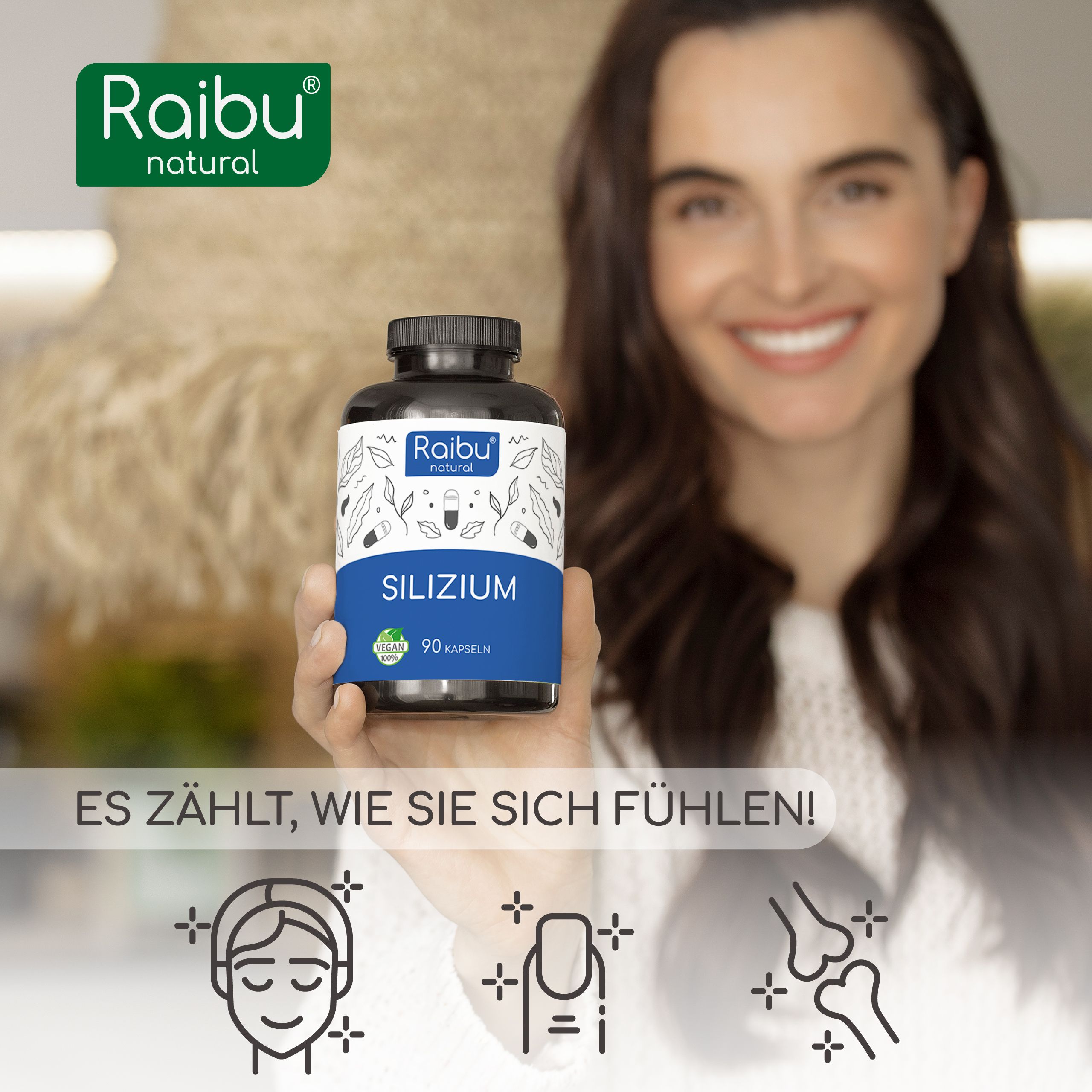 Frau hält Flasche Silicio. Text: Es zählt, wie Sie sich fühlen! Gesicht, Nägel, Knochen.
