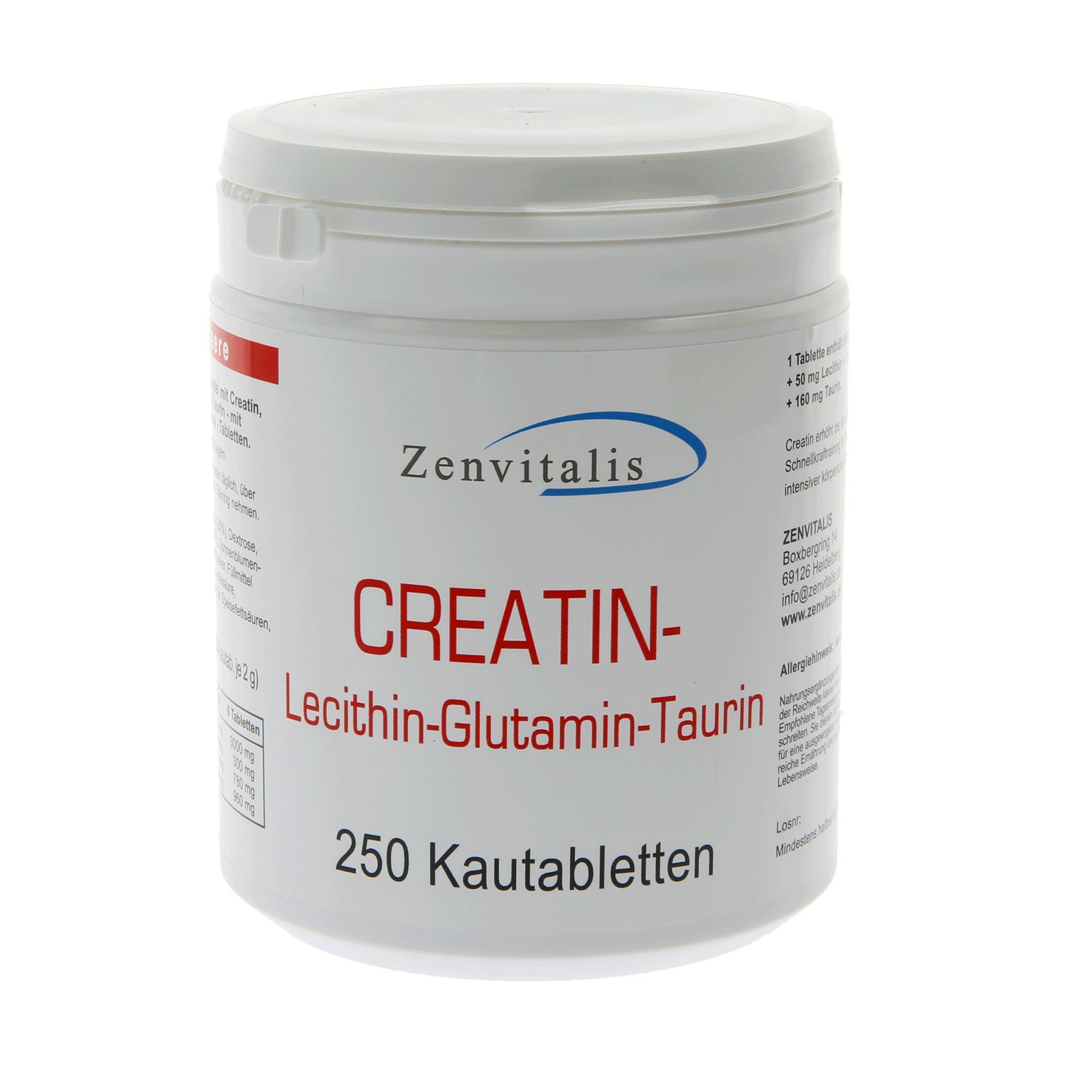 Weiße Dose mit roter Aufschrift: CREATIN-Lecithin-Glutamin-Taurin. 250 Kautabletten. Marke: Zenvitalis.